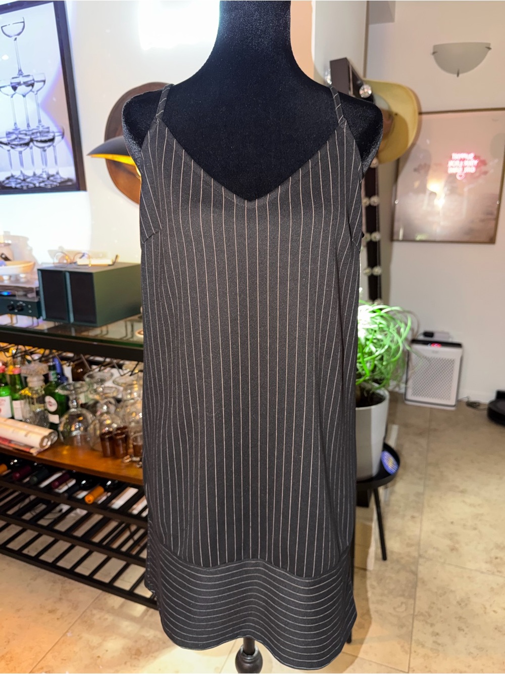 She + Sky Black Pinstripe Slip Dress with V-Neck